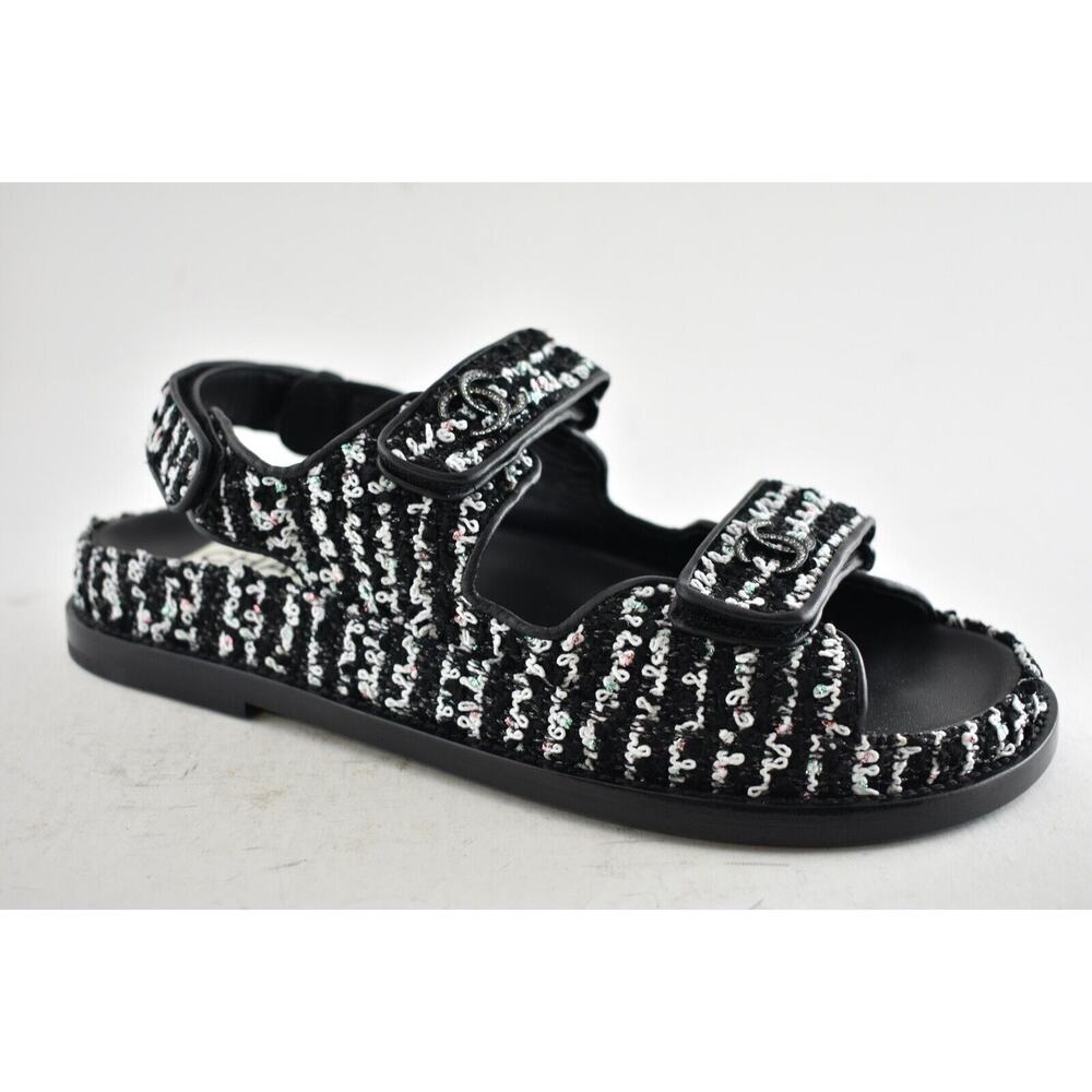 Chanel 22C Black White Tweed CC Logo Mule Slide Strap Flat Dad Teva Sandal 38.5 - Picture 4 of 11